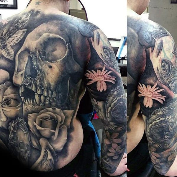 Mens Skull And Rose Full Back Amazing Tattoo Ideas
