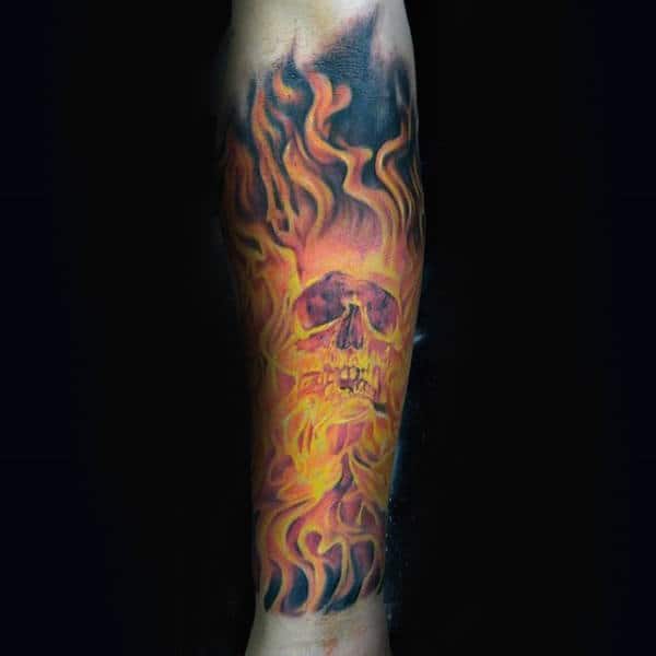 Mens Skull Fire Forearm Sleeve Tattoos