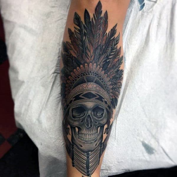 Mens Skull Native American Indian Shin Tattoo