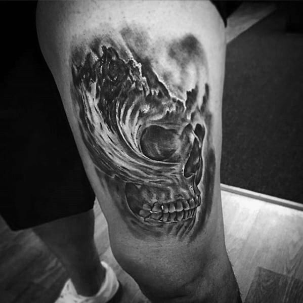 Mens Skull Ocean Wave Thigh Morph Tattoo Ideas