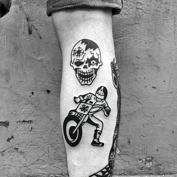 Mens Skull With Bullet Hole Simple Leg Tattoo