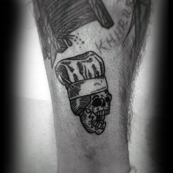 Mens Skull With Chef Hat Small Leg Tattoo