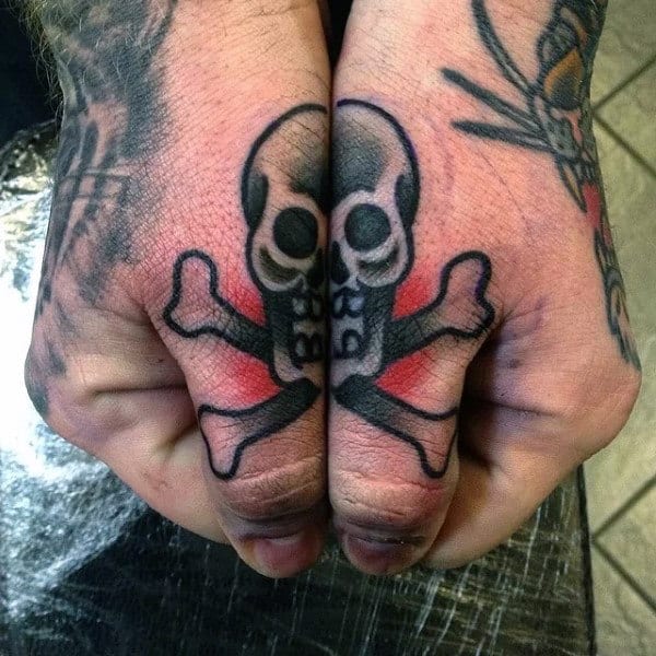 Mens Skull With Cross Bones Thumb Tattoos