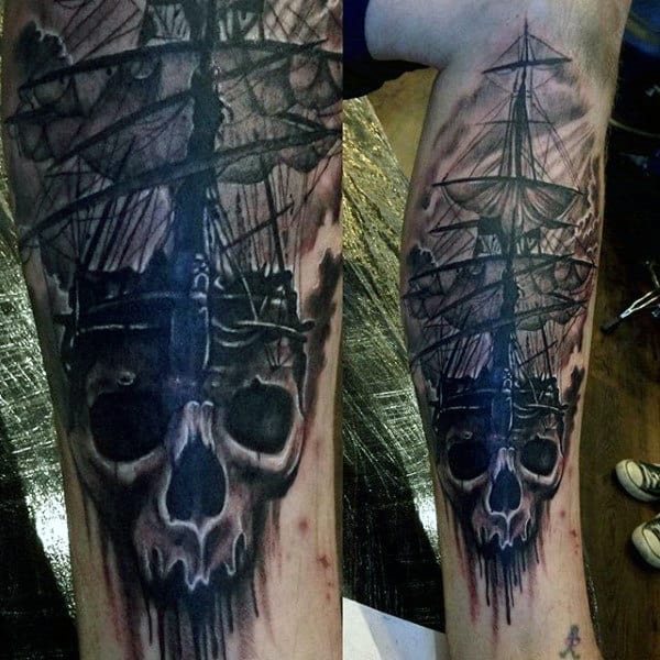 Mens Skull With Pirate Ship Detailed Leg Tattoos
