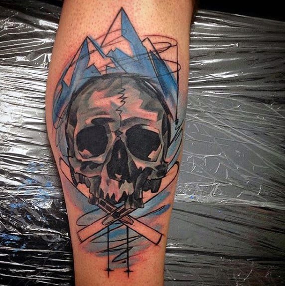 Mens Skull With Ski Crossbones Mountain Watercolor Leg Tattoos