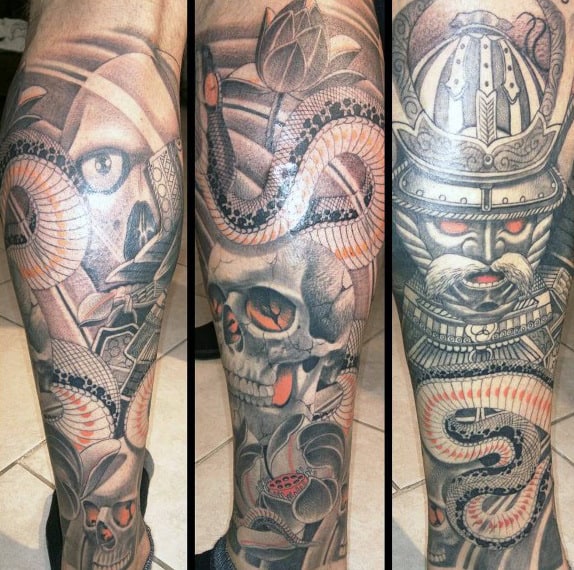 Mens Skull With Snake And Lotus Flower Leg Sleeve Tattoos
