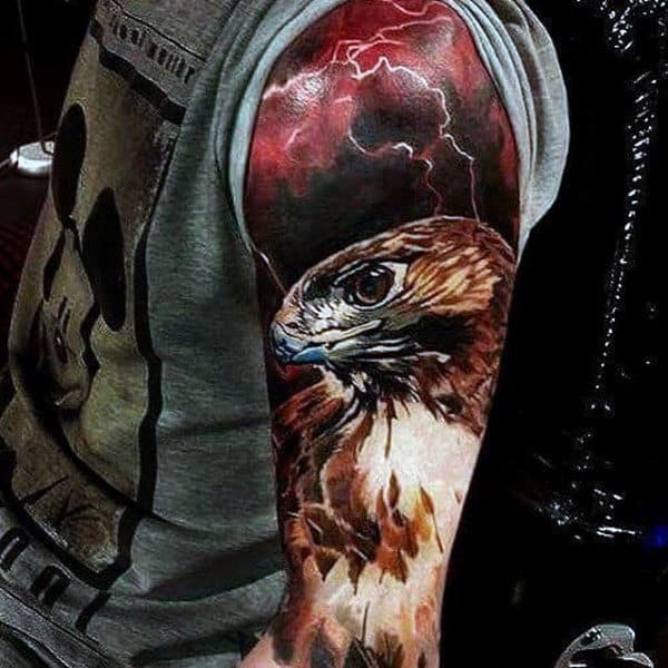 Mens Sleeve Brown Feather Bird Realism Tattoo