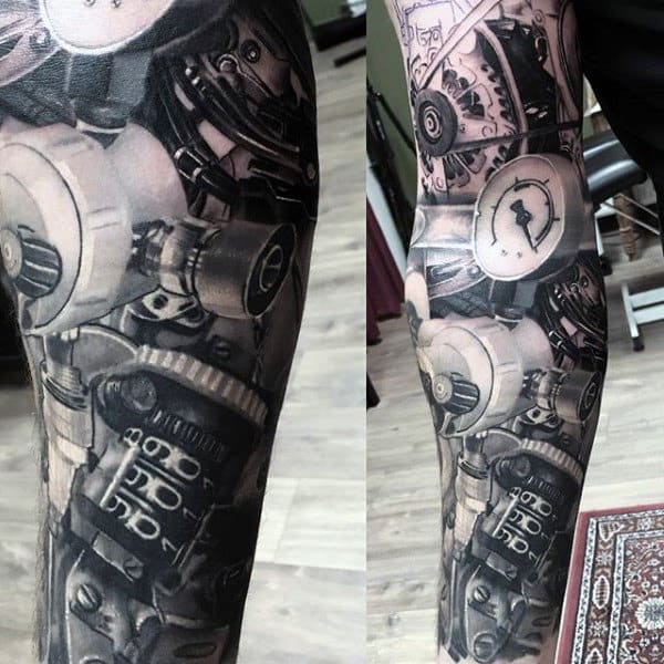 Mens Sleeves Grey Machinery And Gear Realism Tattoo