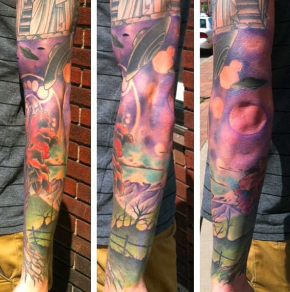 Mens Sleeves Purple Shaded Outer Space Tattoos
