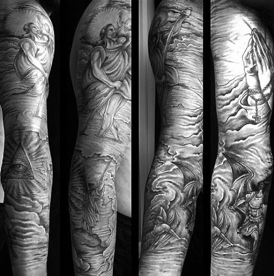 Mens Sleeves Religious Praying Hands And God Tattoo