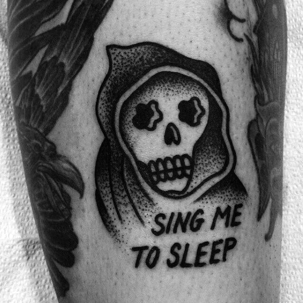 Mens Small Arm Tattoo Ideas With Traditional Reaper Sing Me To Sleep Design