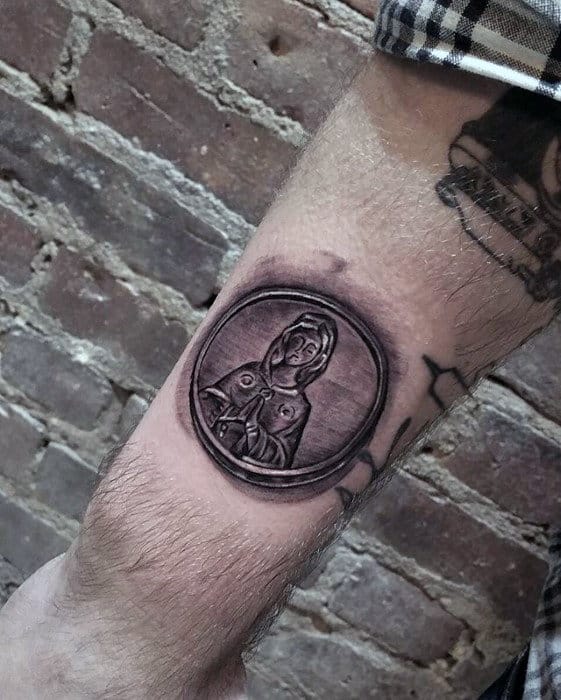 Mens Small Badass Religious Coin 3d Tattoo On Thigh Of Leg