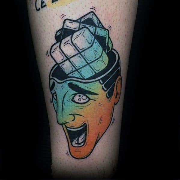 Mens Small Colorful Head With Rubiks Cube Arm Tattoo