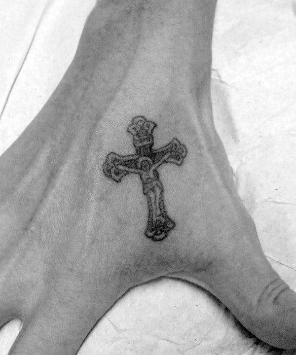 Mens Small Jesus On The Cross Hand Tattoo Designs