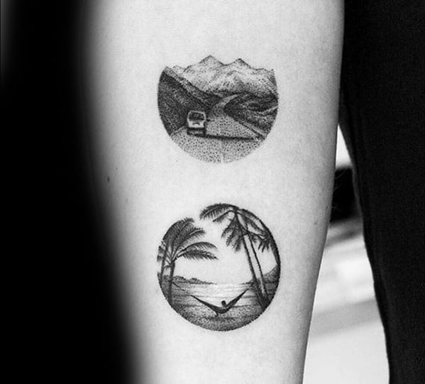 Mens Small Palm Tree Beach Scene Tattoo On Inner Forearm