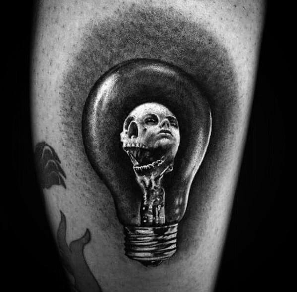 Mens Small Realistic Skull Inside Lightbulb 3d Arm Tattoo
