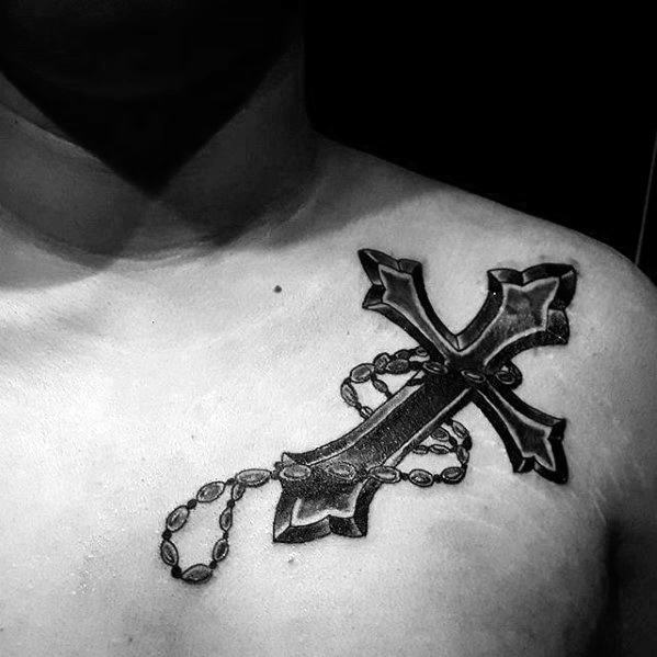 Mens Small Religious Cross With Rosary Tattoo On Upper Shoulder