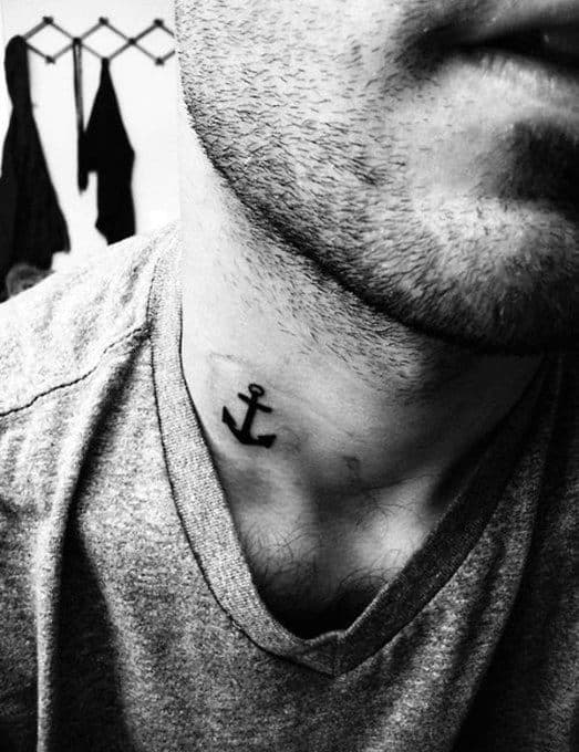 mens small simple black ink anchor neck tattoo