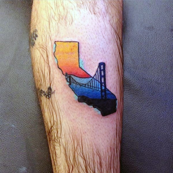 Mens Small Simple California State San Fransisco Bridge Tattoo On Leg