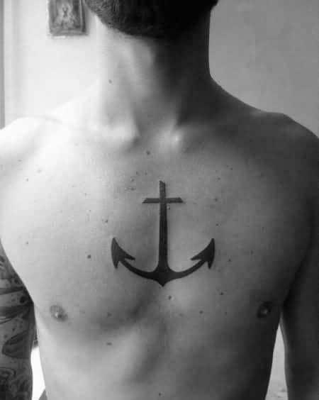 Mens Small Simple Minimalistic Black Ink Anchor Chest Tattoo Design
