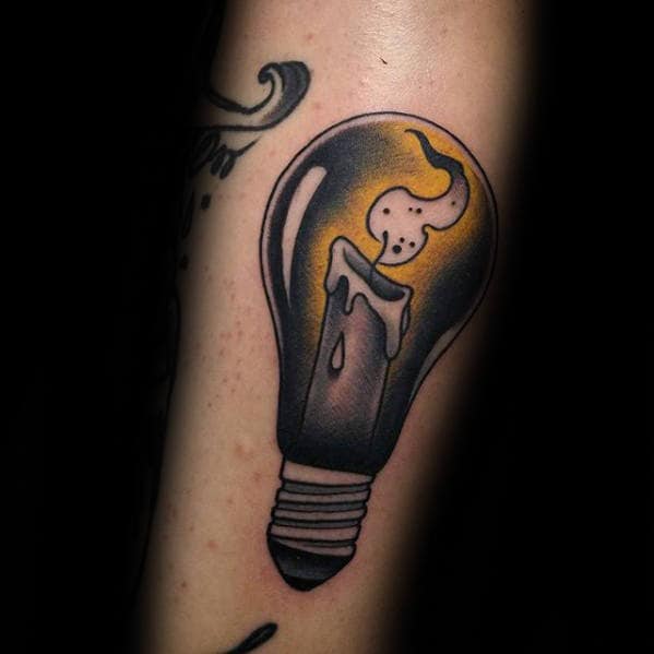 Mens Small Traditional Lightbulb With Glowing Candle Forearm Tattoo