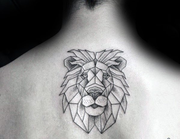 Mens Small Upper Back Geometric Lion Tattoo