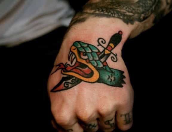 Mens Snake Dagger Traditional Hand Tattoo