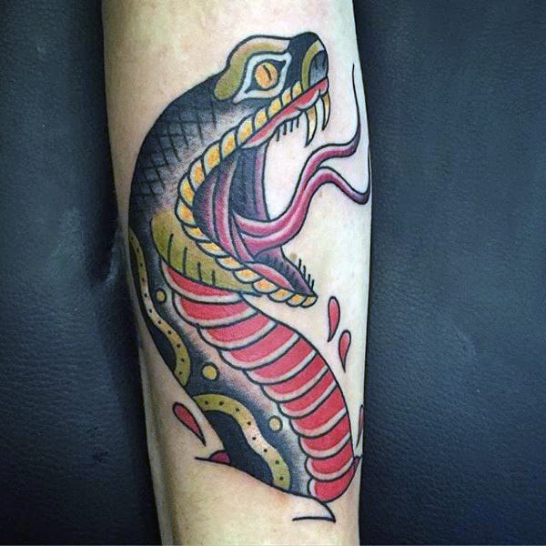 Mens Snake Fangs Traditional Inner Forearm Tattoos