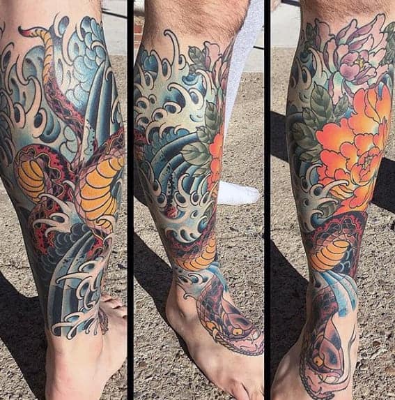mens-snake-japanese-wave-leg-sleeve-tattoos
