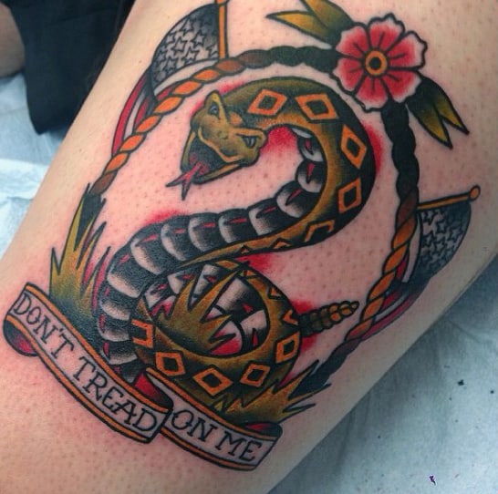 Mens Snake With American Flag And Dont Tread On Me Text Leg Tattoo In Bright Colors