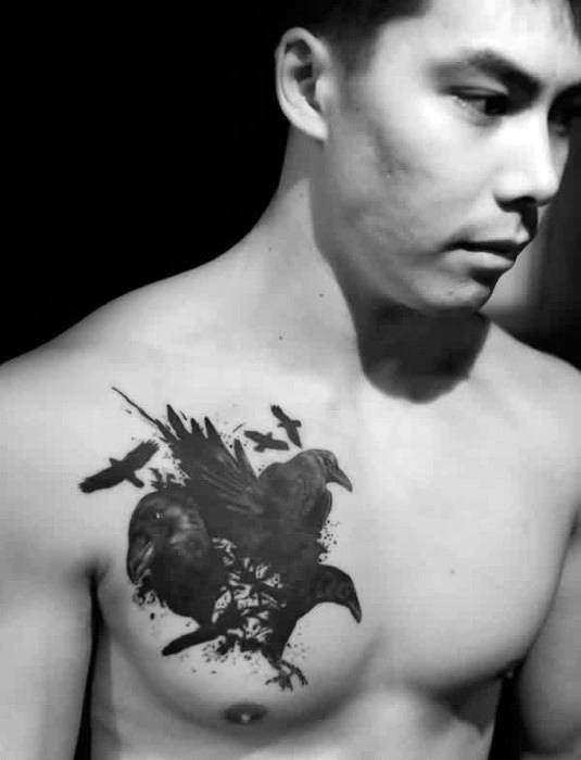 Mens Solid Black Ink Crows Flying Chest Cover Up Tattoo Designs