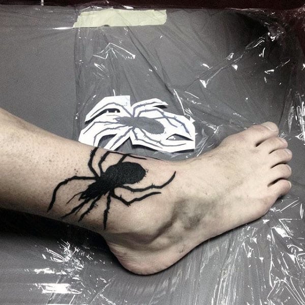 Mens Solid Black Ink Tarantula Lower Leg Tattoo Designs