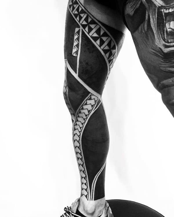 Mens Solid Black Ink Tribal Leg And Thigh Sleeve Tattoo