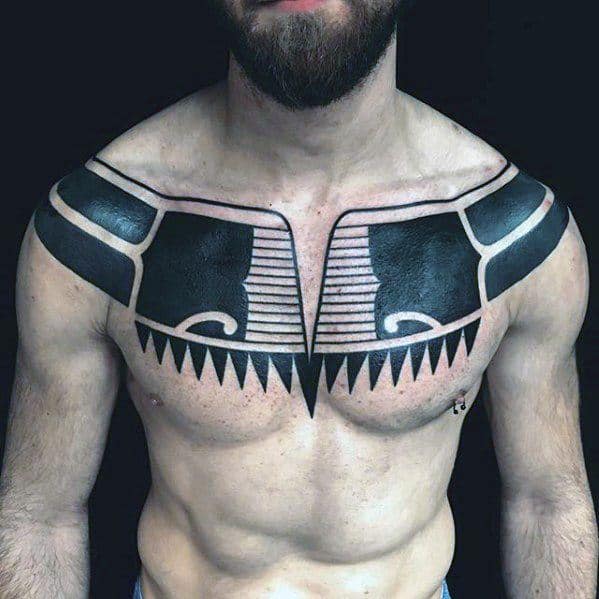 Mens Solid Black Ink Tribal Upper Chest Cover Up Tattoos.