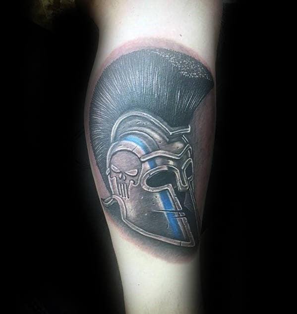 Mens Spartan Helmet With Police Thin Blue Line Design Tattoo On Lower Leg