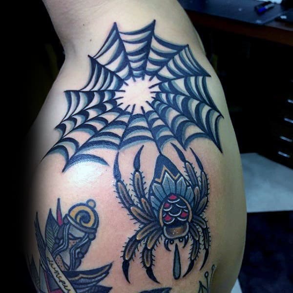 Mens Spider Dangling From Web Shoulder Tattoo Designs