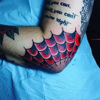 Mens Spider Web Tattoo On Elbow In Red Ink
