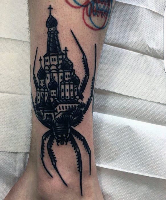 Mens Spider With Castle Traditional Lower Leg Tattoo With Black Ink Design