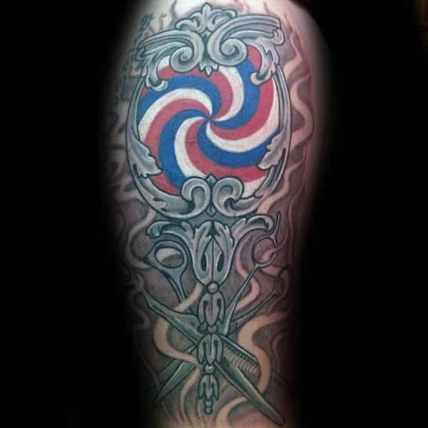 Mens Spiral Barbershop Pole Colors With Grey Scissors Half Sleeve Tattoo