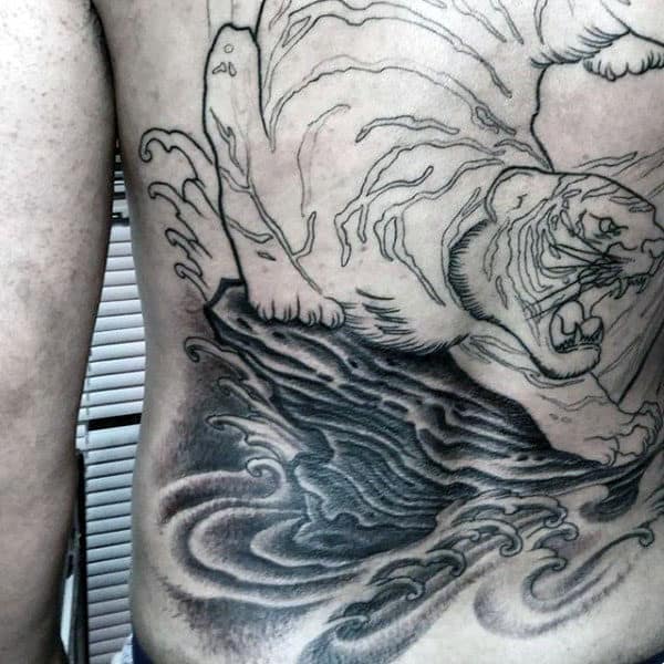 Mens Splashing Water Japanese Tiger Back Tattoo