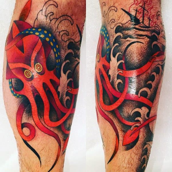 Mens Squid Ocean Waves Shin Tattoo Designs
