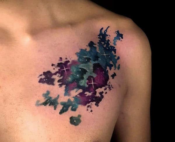 Mens Starry Watercolor Tattoo On Chest