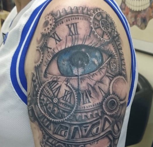 Men's Steam Punk Clock Tattoo On Bicep