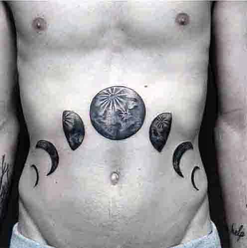 Mens Stomach Finely Detailed Moon Phases Tattoo