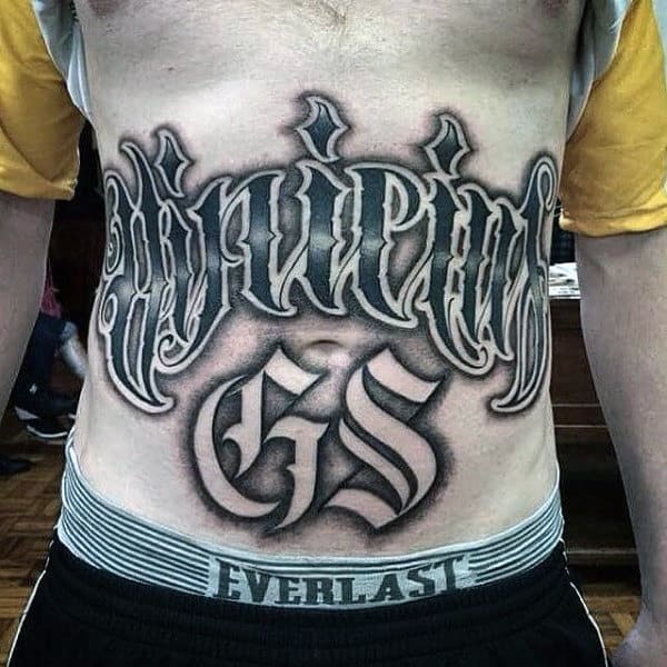 Mens Stomach Old English Font Tattoo Designs