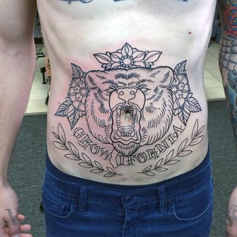 Mens Stomach Old School California Bear Tattoo Designs