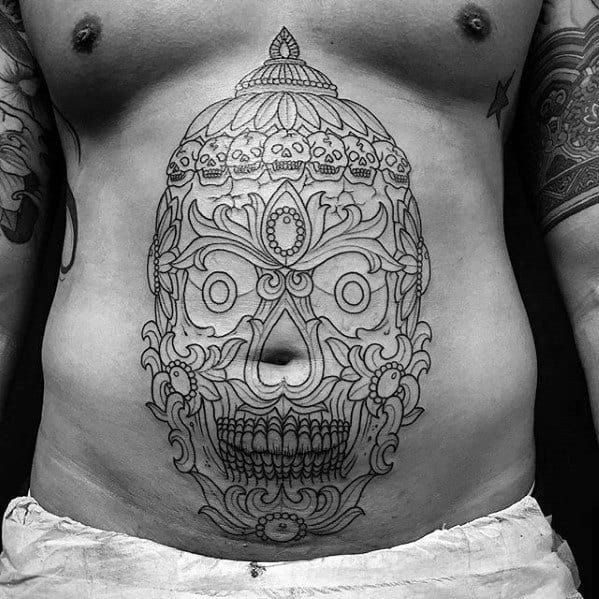 Mens Stomach Outline Tattoo Tibetan Skull Design
