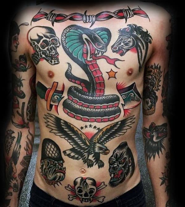 12. Stomach Traditional Bird Tattoos.