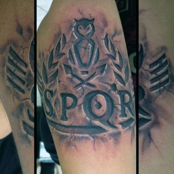 Mens Stone 3d Spqr Upper Arm Tattoo Ideas