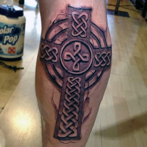 Mens Stone Celtic Cross Leg Calf Tattoo Design Ideas